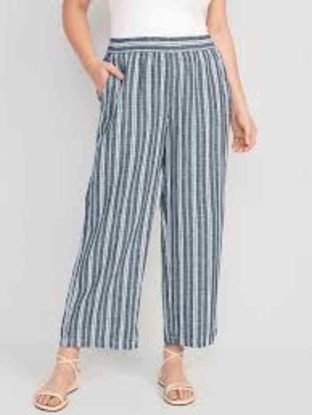 Old Navy Wide Leg Stripe Pants Navy White Cotton Linen Pull On High Rise EUC XL